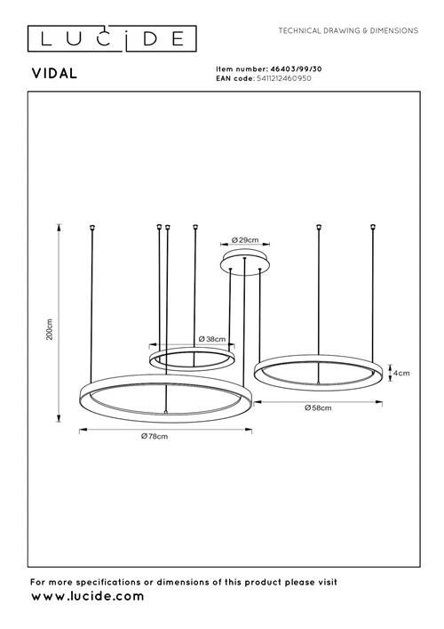 Lucide VIDAL - Hanglamp - Ø 78 cm - LED Dimb. - 1x120W 2700K - Zwart | Premium - technisch